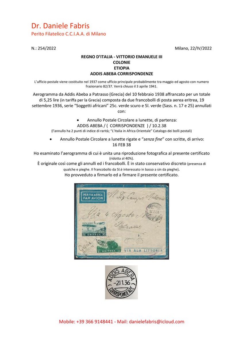 FABRIS PERIZIE FILATELICHE 52

danielefabris.it/italia-regno-v…

#ITALIA #REGNO Vittorio Emanuele III #Colonie #ETIOPIA: #ADDISABEBA Corrispondenze

#philately #filatelia #briefmarken #stamp #sello #timbre #francobollo #fabris #danielefabris #expertize #certificato #perizia #perizie