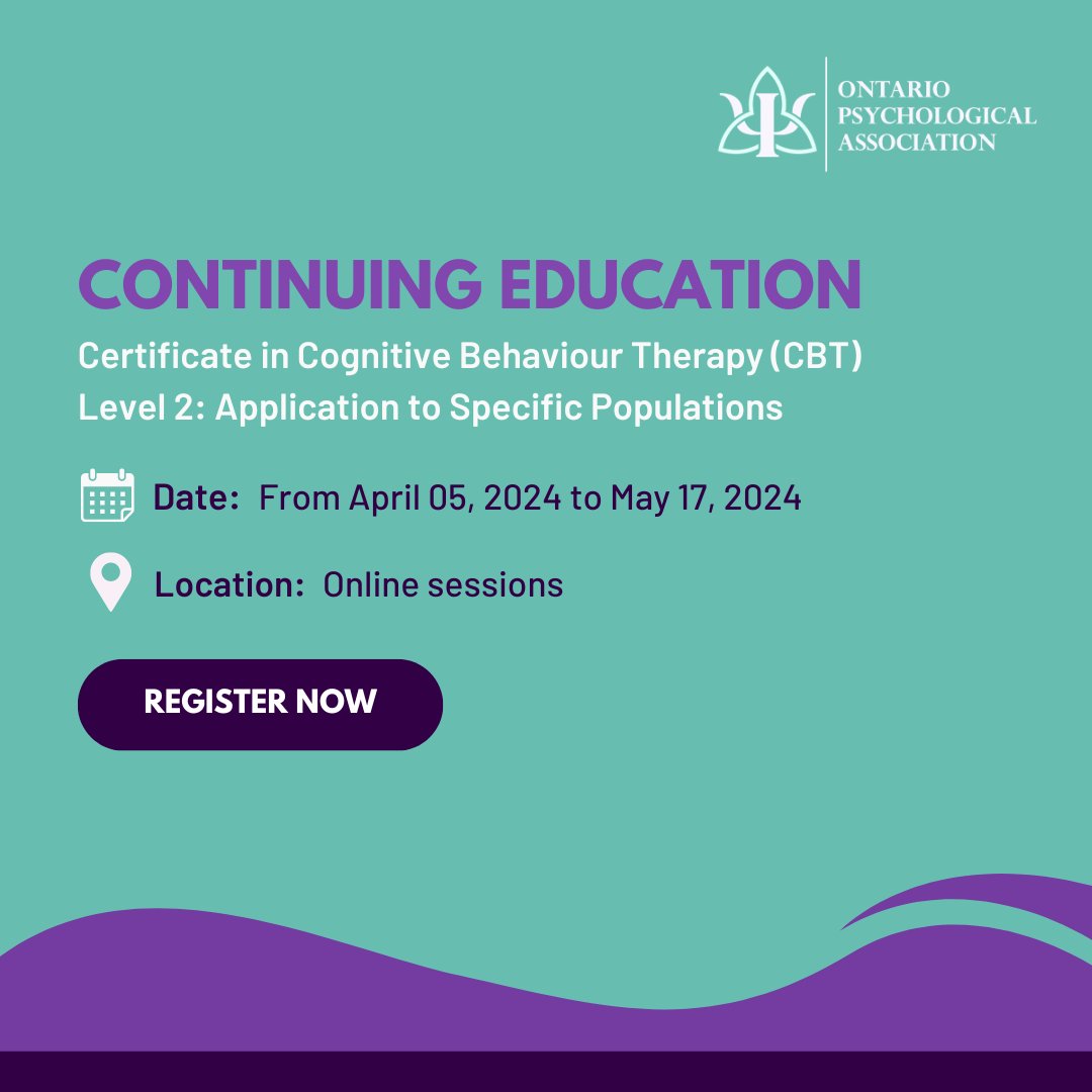 Join our event: Certificate in CBT Level 2. Enhance your expertise in applying CBT techniques across various mental health disorders. From anxiety to trauma, gain hands-on skills to make a real difference. Register now psych.on.ca/Continuing-Edu…