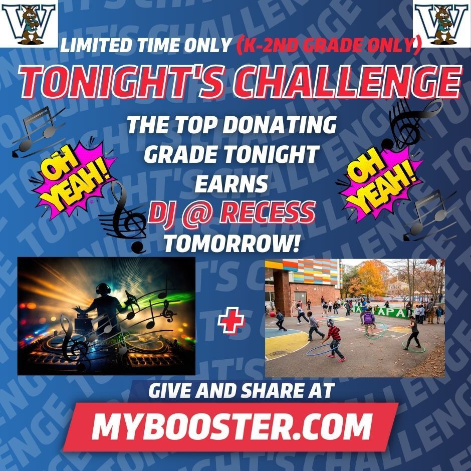 🚀 Boost your grade to the top spot with new donations! The grade with the most donations tonight wins big: K-2 grades gets a DJ @ Recess party, while 3rd-5th faces off in a dodgeball game against the Booster team! Visit mybooster.com now to give your grade an edge. 🎉