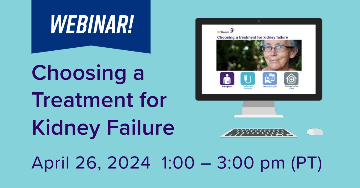 Want to learn more about treatment options for kidney failure? Tune into our Patient Education webinar on April 26 (1:00-3:00pm PT) to explore the available pathways, their benefits and drawbacks. Register here: us02web.zoom.us/webinar/regist… #BCRenalNetwork #KidneyCare #KidneyHealth