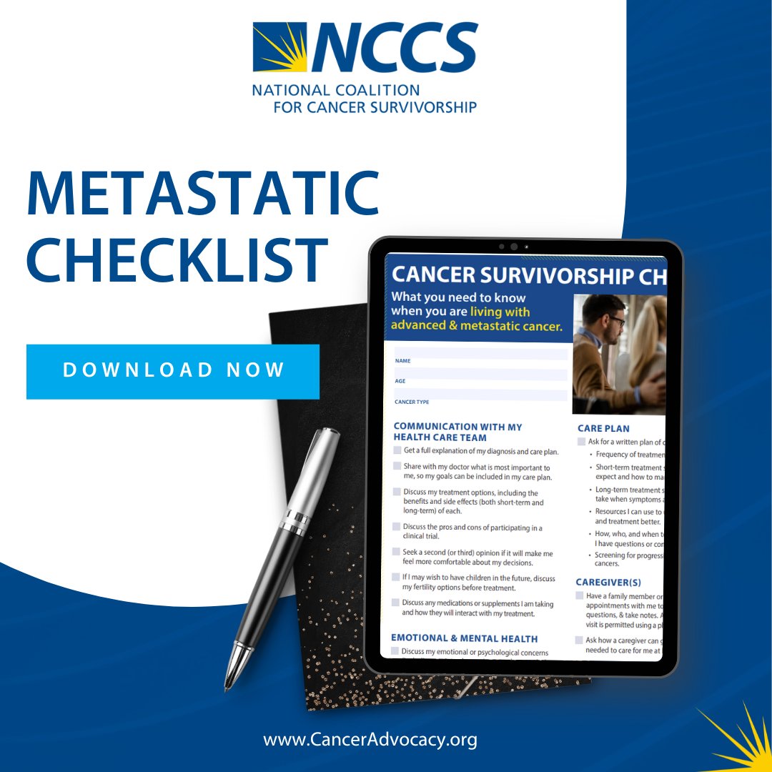 Living with advanced or metastatic cancer? The NCCS Metastatic Checklist is a valuable resource for your care. One survivor hailed it as the 'best cancer care guide' with straight talk and respect. Get it now: survivorshipchecklist.org #CancerSurvivorship #MetastaticCancer