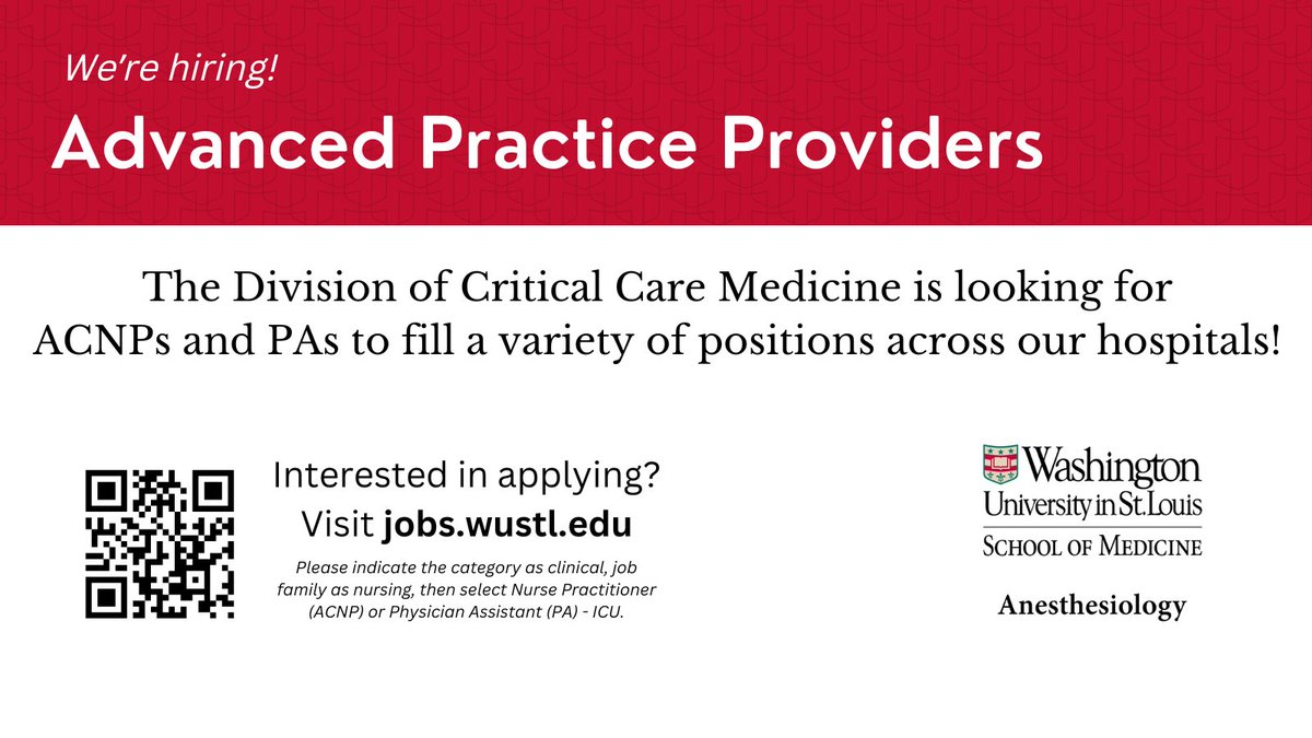 #WashUanesthesiology is hiring ACNPs & PAs for our Critical Care areas. Join a close-knit and supportive team committed to clinical excellence. Learn more & apply: jobs.wust.edu
