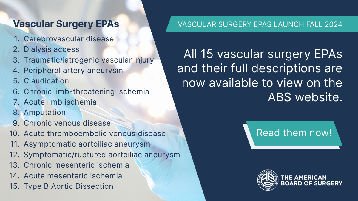 #Vascularsurgery #EPAs are now available! Applicants to the 2029 #VSQE will be required to turn in a composite profile across all EPAs when they apply for the exam. Visit our website to learn more about the 15 EPAs for vascular surgery: ow.ly/xksN50R8IRg