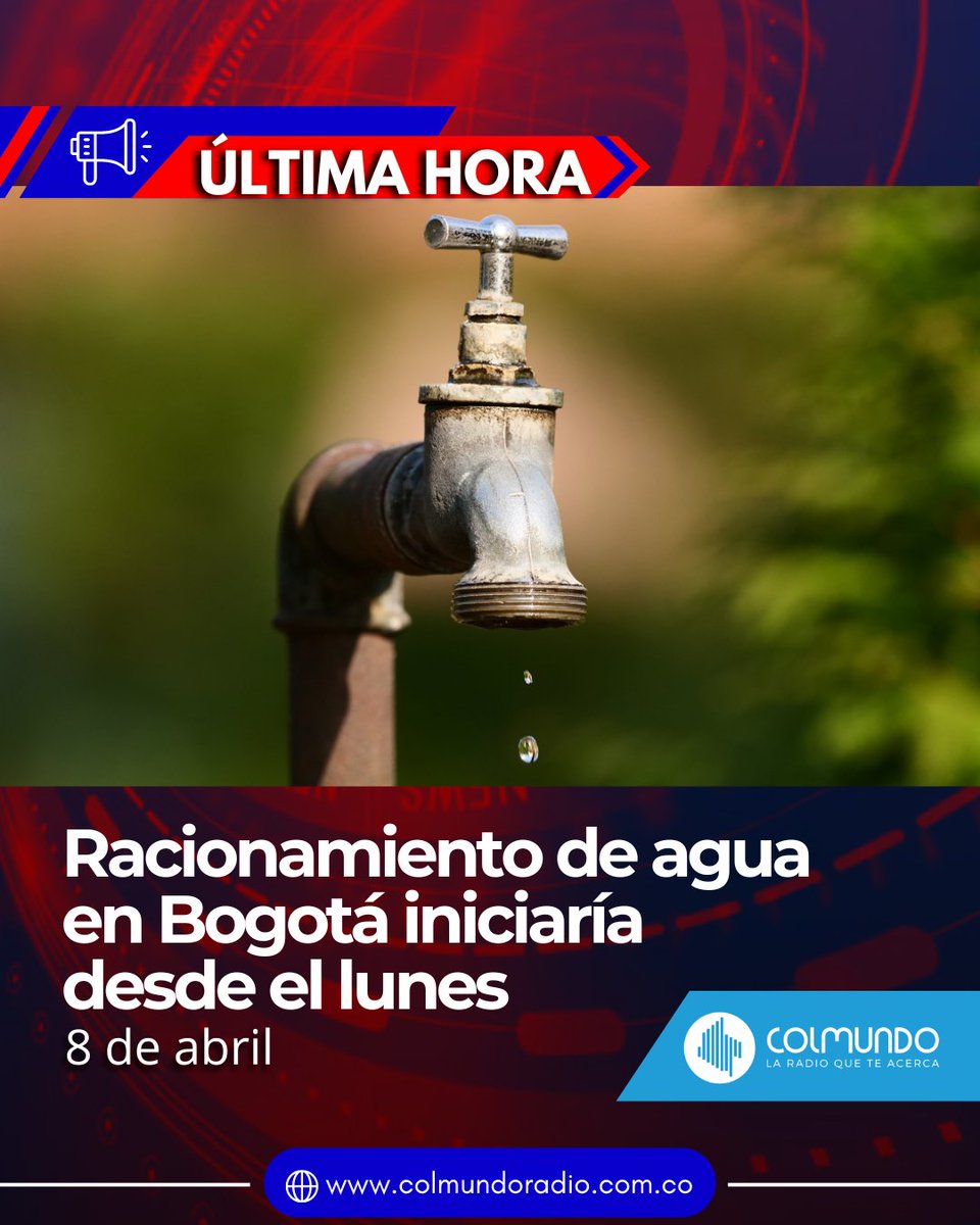 #ÚltimaHora | A raíz del bajo nivel de los #embalses por el #FenómenoDeElNiño, desde el próximo lunes, 8 de abril, iniciaría un #racionamiento de #agua en #Bogotá. La medida se llevará a cabo por zonas, y el mismo lunes se anunciarán la distribución y los horarios.