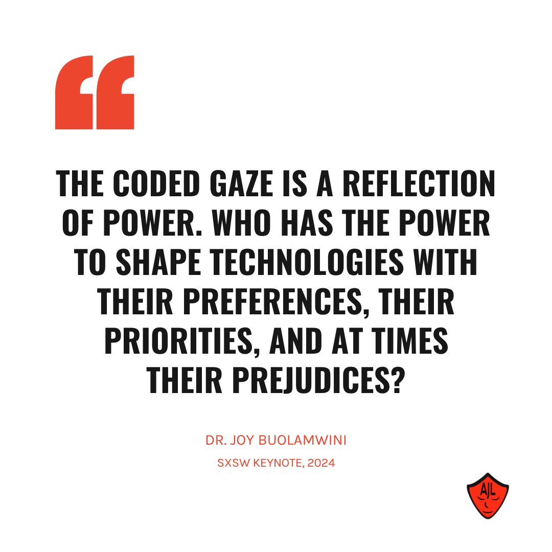 The 'coded gaze,” as coined by @jovialjoy, highlights how AI reflects societal biases and urges us to question the power dynamics behind tech development. This critical lens is essential for moving toward a tech and AI landscape where diversity and equity are upheld, while harms