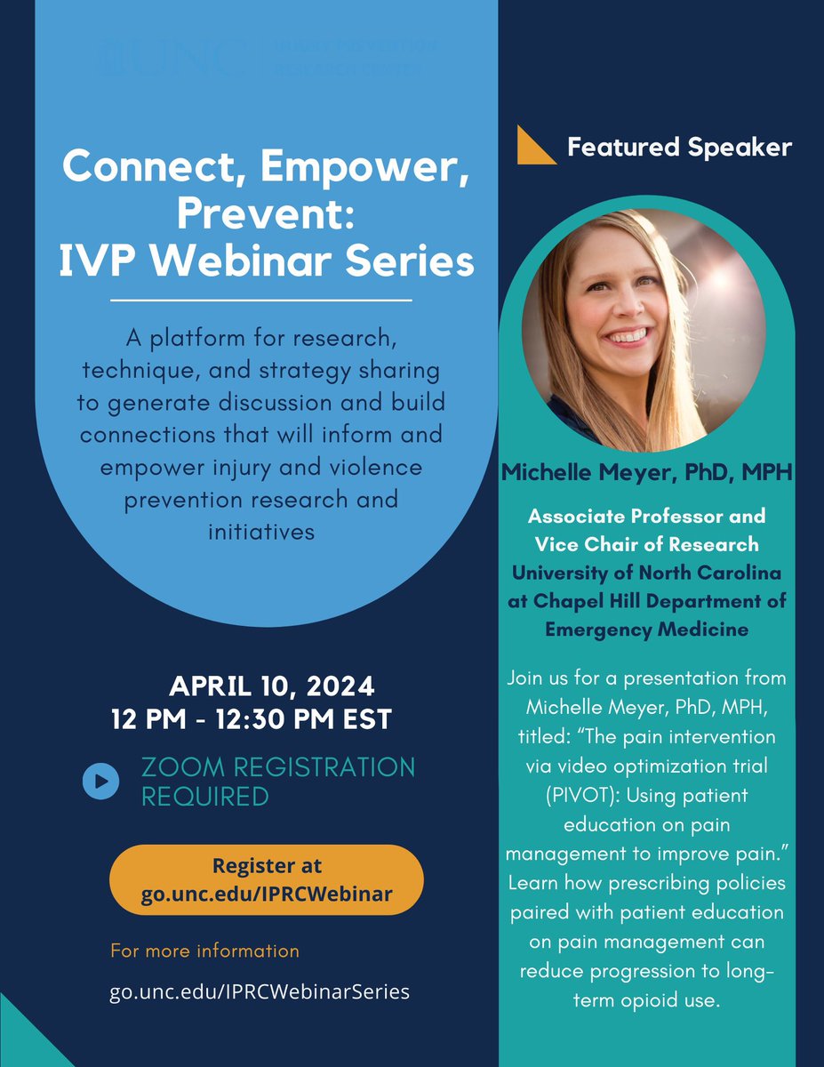 Join us for our April “Connect, Empower, Prevent” webinar! Wednesday, 4/10/24 from 12-12:30pm Featuring Michelle Meyer, PhD, MPH, presenting about: “The pain intervention via video optimization trial (PIVOT)” Register here: go.unc.edu/IPRCWebinar