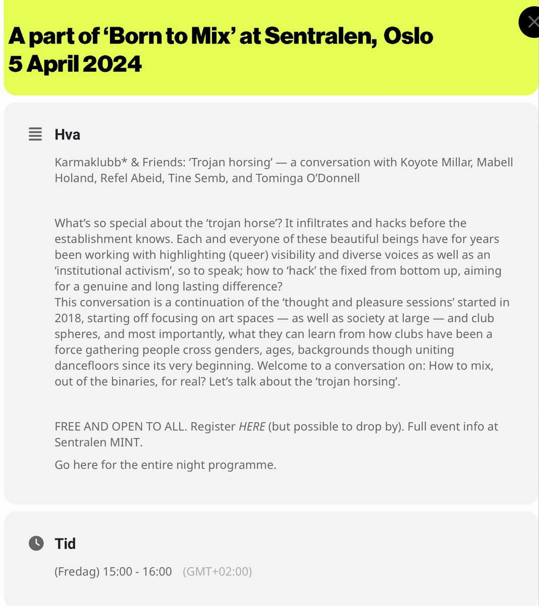 Scanditon1's tweet photo. Oslo 5. april 2024: «KARMAKLUBB* & FRIENDS: ‘TROJAN HORSING’.»
«What’s so special about the ‘Trojan horse’? It infiltrates and hacks before the establishment knows.»
#ForeningenFri
https://t.co/lpQr1S9gXi https://t.co/XAzTaALoqK