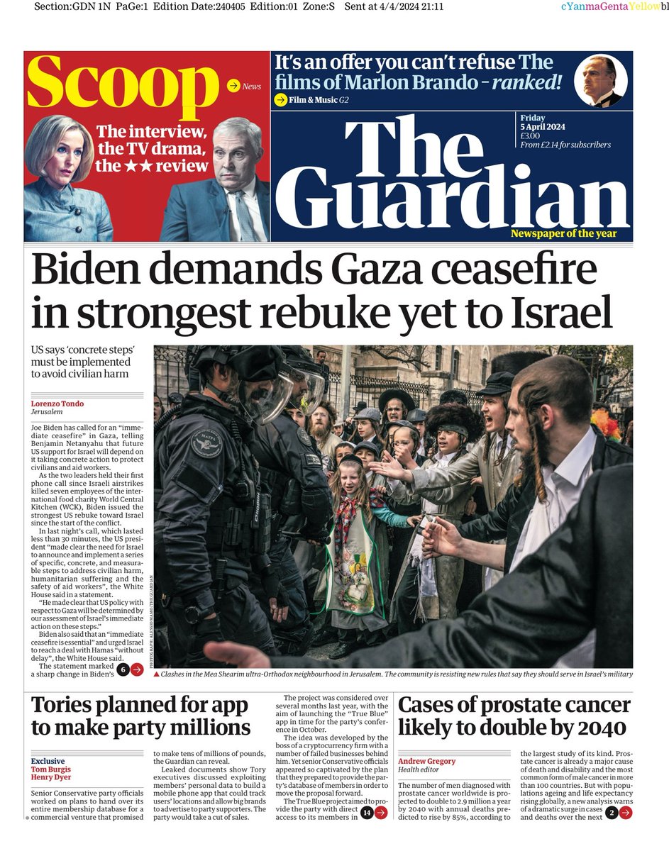 GUARDIAN: Biden demands Gaza ceasefire in strongest rebuke yet to Israel #TomorrowsPapersToday