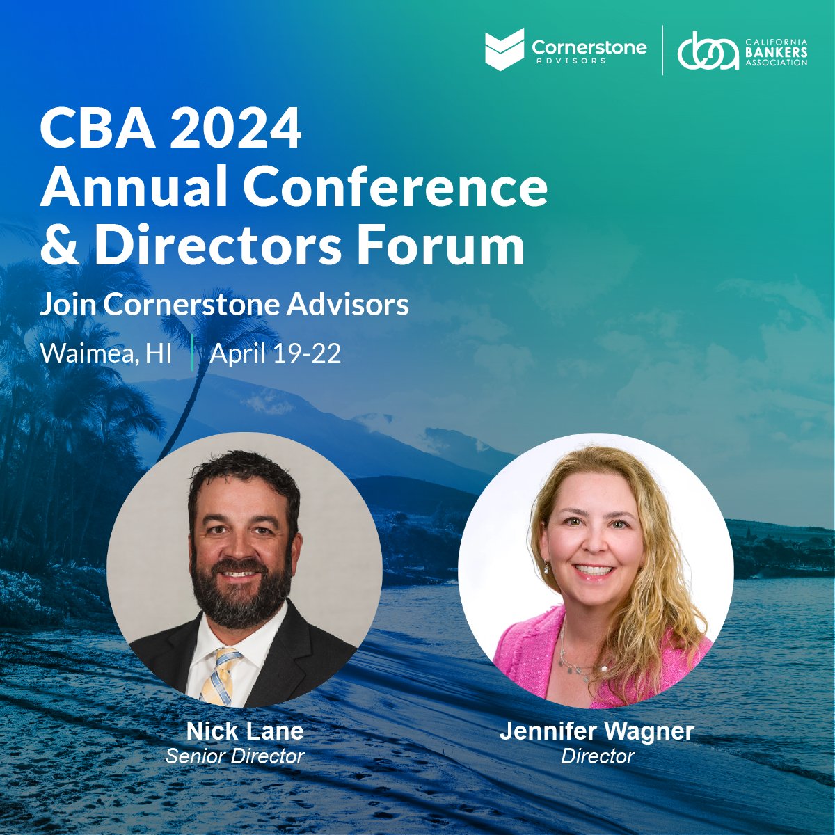 ✔️ If you're attending the @calbankers 2024 Annual Conference & Directors Forum, catch up with Nick Lane and Jennifer Wagner while there. #banking #banks #cba