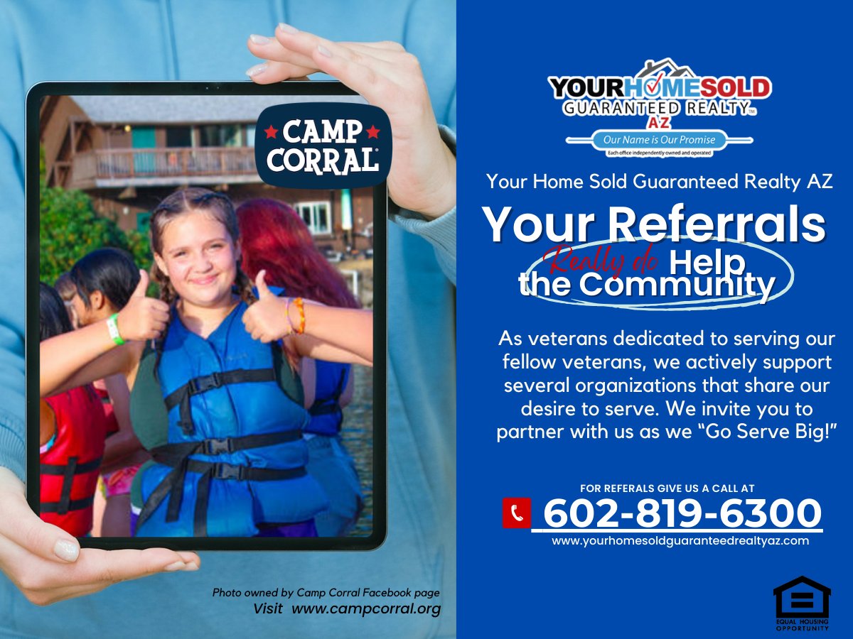 🌟 Join us in transforming lives! ❤️ Refer to make a difference for military families through @campcorral. 📞 602-819-6300 or visit our website. Let's unite to #SpreadLove, #MakeAChange, and support #CampCorral in honoring our troops. 🏠 #RealEstateWithHeart