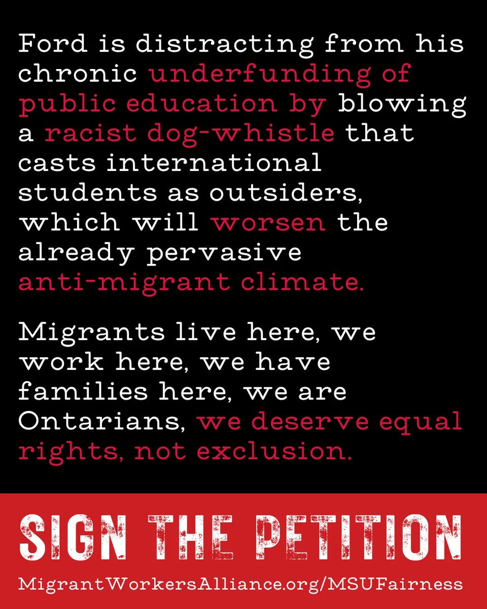 ⚠️TAKE ACTION NOW: MigrantWorkersAlliance.org/MSUFairness Ford is distracting from his chronic underfunding of public education by blowing a racist dog-whistle that casts international students as outsiders. Migrants live, work, and have families here. We deserve equal rights, not exclusion.