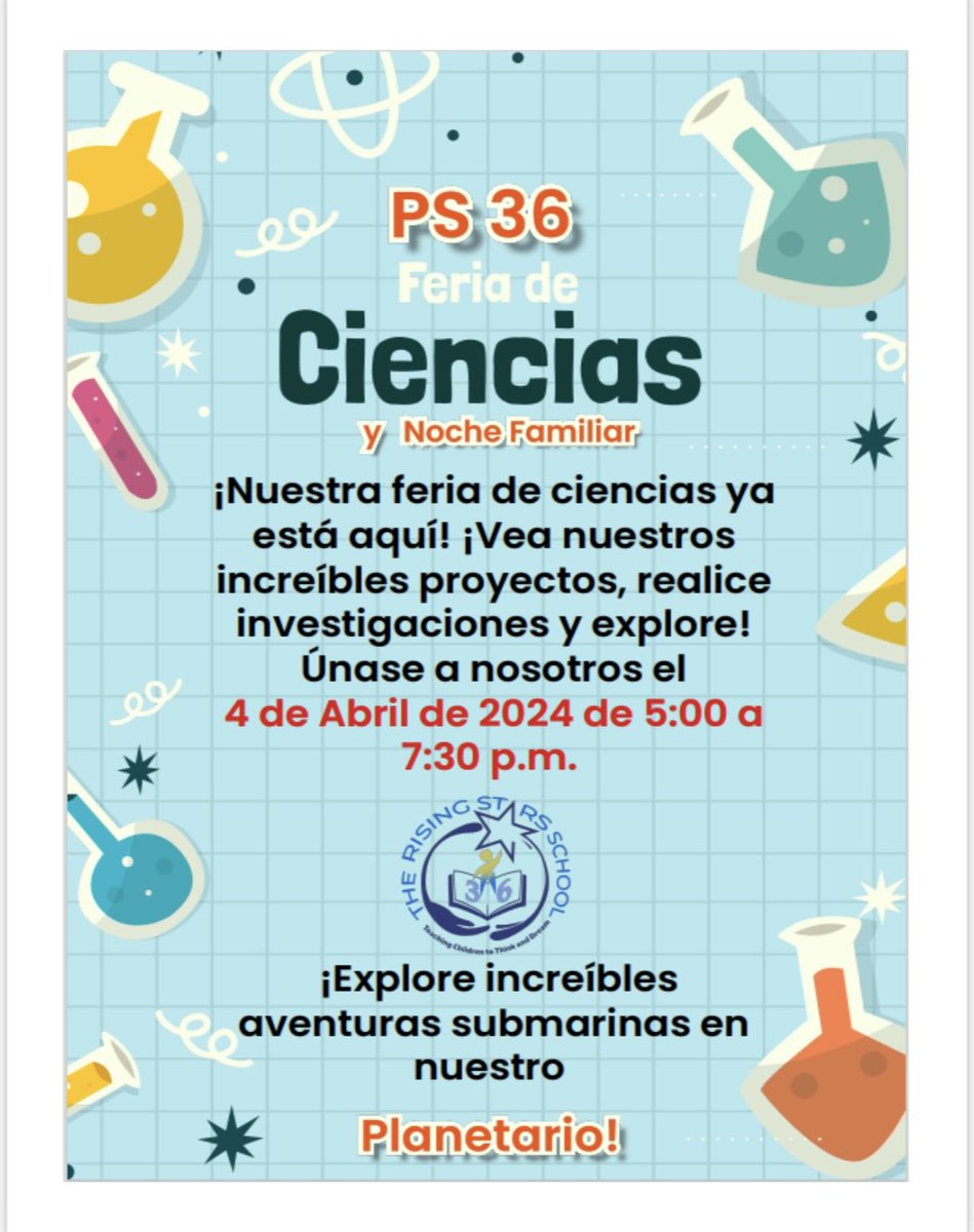 Dear PS36 families, come join us for our Science Fair and Family Night happening now until 7:30pm! We hope to see you soon!
