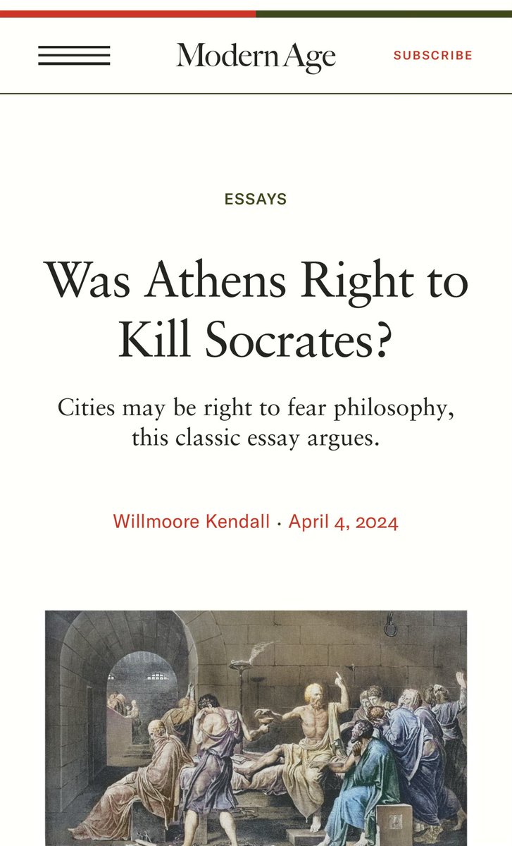 An all-time classic at @ModAgeJournal today—Willmoore Kendall’s The People vs. Socrates Revisited. modernagejournal.com/was-athens-rig…