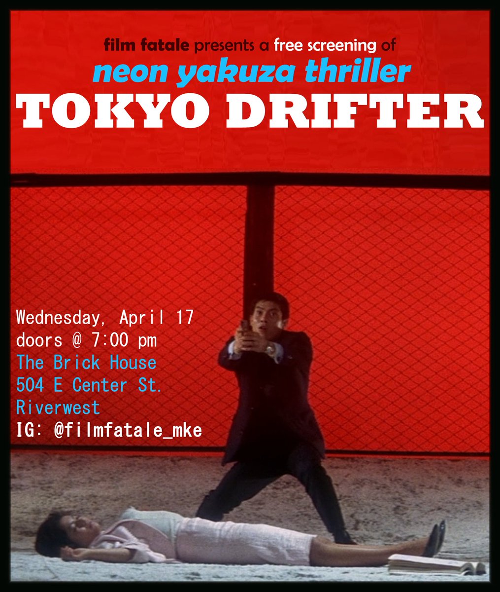 Milwaukee people: I'm starting up a free movie series to show movies I think are cool. The first one is in two weeks—we're watching Tokyo Drifter, an incredibly stylized and pretty nuts yakuza thriller. Come to Riverwest at 7:00pm on 4/17 and check it out!