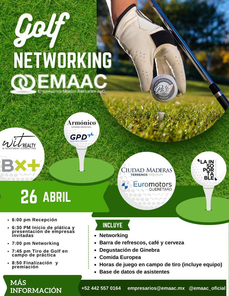 Emaac_oficial's tweet photo. Buenos días Empresarios EMAAC
Tenemos evento de Golf Networking #EMAAC ⛳🏌🏼♂️
Habrá premios a los equipos con mejores puntos, contaremos con la presencia de las empresas participantes y una sesión de networking.
¡Los esperamos!
#Empresarios #Mexico #Alemania #Negocios #Golf https://t.co/QRDMO78vez