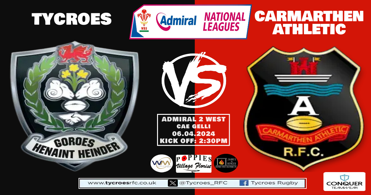 We welcome Carmarthen Athletic in Admiral National Two West tomorrow afternoon looking to build on last weekends win over the Red & Blacks. Our penultimate 🏡 game of the season. 🆚 Carmarthen Athletic 🏆 Admiral League 2 West 📅 Saturday 6th April ⏰ KO 2:30pm 🎟️ Admission £4