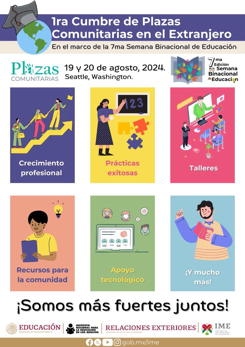 Los días 19 y 20 de agosto se llevará a cabo la 1a. Cumbre de Plazas Comunitarias en el Exterior, por lo que si estás interesado, es importante que te registres en    👉🏼consulmex.sre.gob.mx/seattle/index.… 

#EducaciónParaTodasyTodos #PlazasComunitariasEnElExterior
