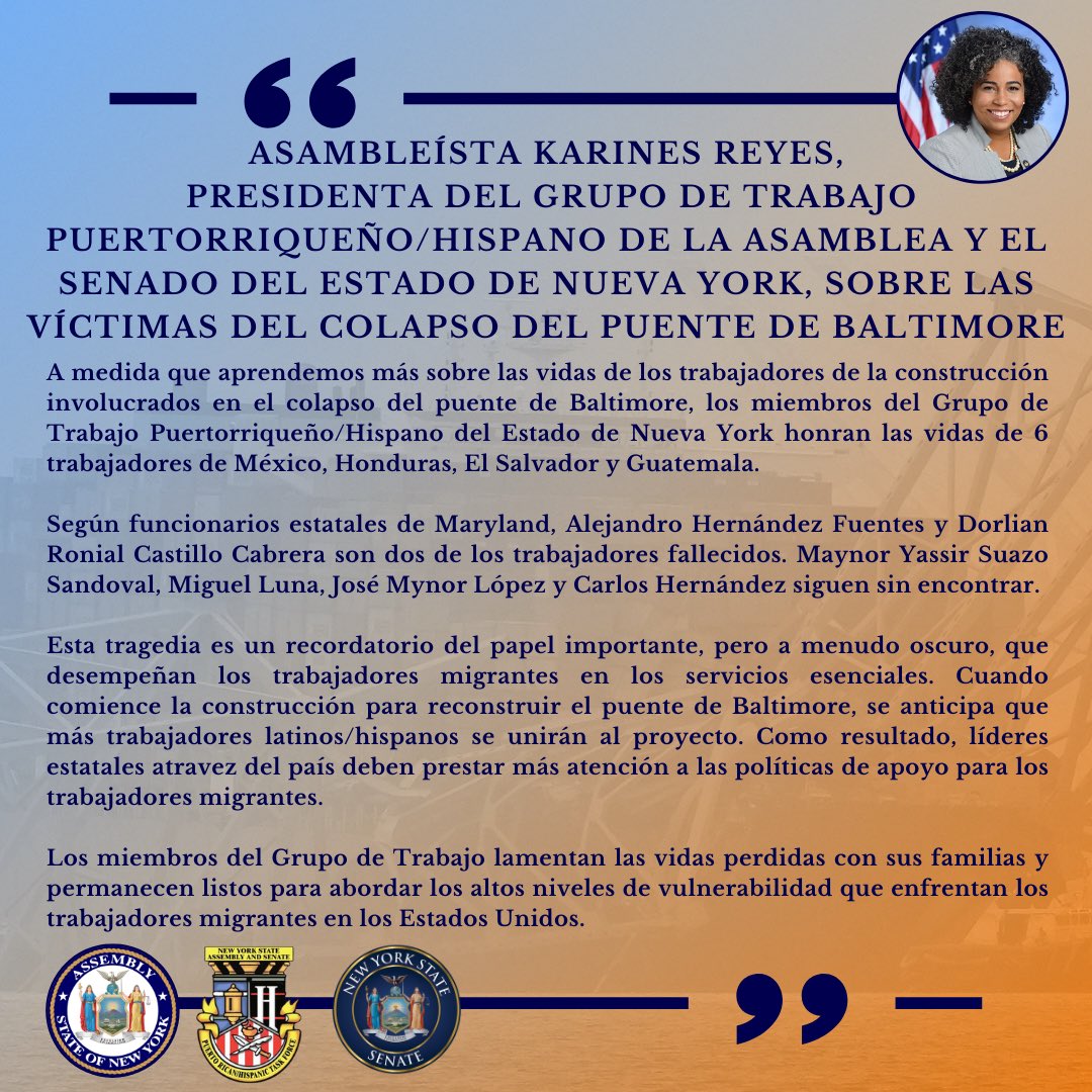 The tragedy of the Baltimore bridge collapse is a migrant story. Our Task Force members mourn the lives lost and acknowledge the important contributions migrant workers provide to our nation. 🕊️ Read our Chair, @karinesreyes87 ‘s full statement ⬇️