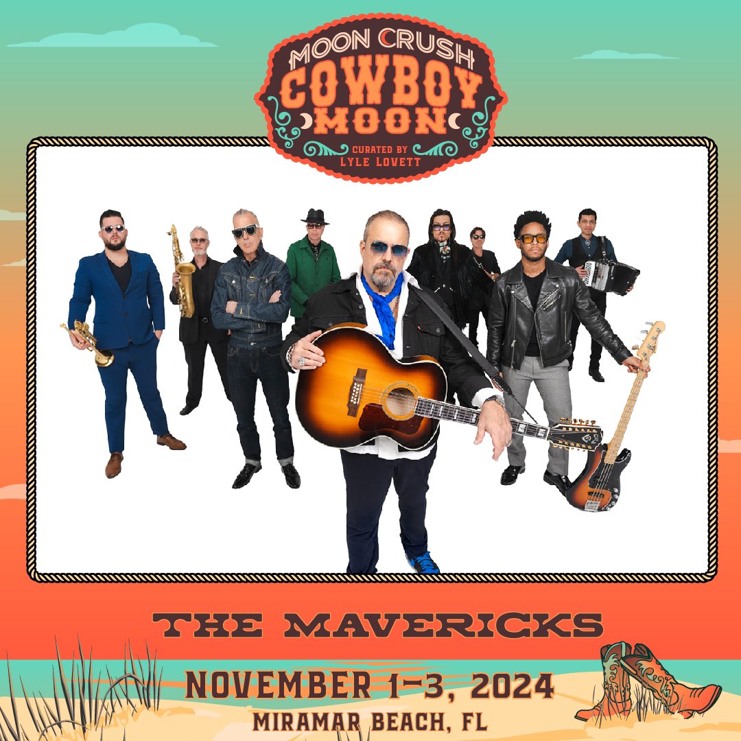 Weekend and Single Day Passes for @MoonCrushLive Cowboy Moon are on sale now! 🤠🌙 Join us alongside this year’s incredible stable of artists November 1-3 in sunny Miramar Beach, FL 🏝️ See you then! 🎟️ themavericksband.com/tour #TheMavericks #WorldTour24