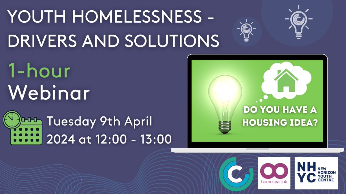 🚨🗓️ Join us! We're delighted Polly Stephens at @NHyouthcentre, will be discussing the #PlanForThe136k campaign aiming to end youth homelessness. We will also be exploring key drivers of youth homelessness from new research by @HomelessLink. Sign up➡️bit.ly/3VSMWzU