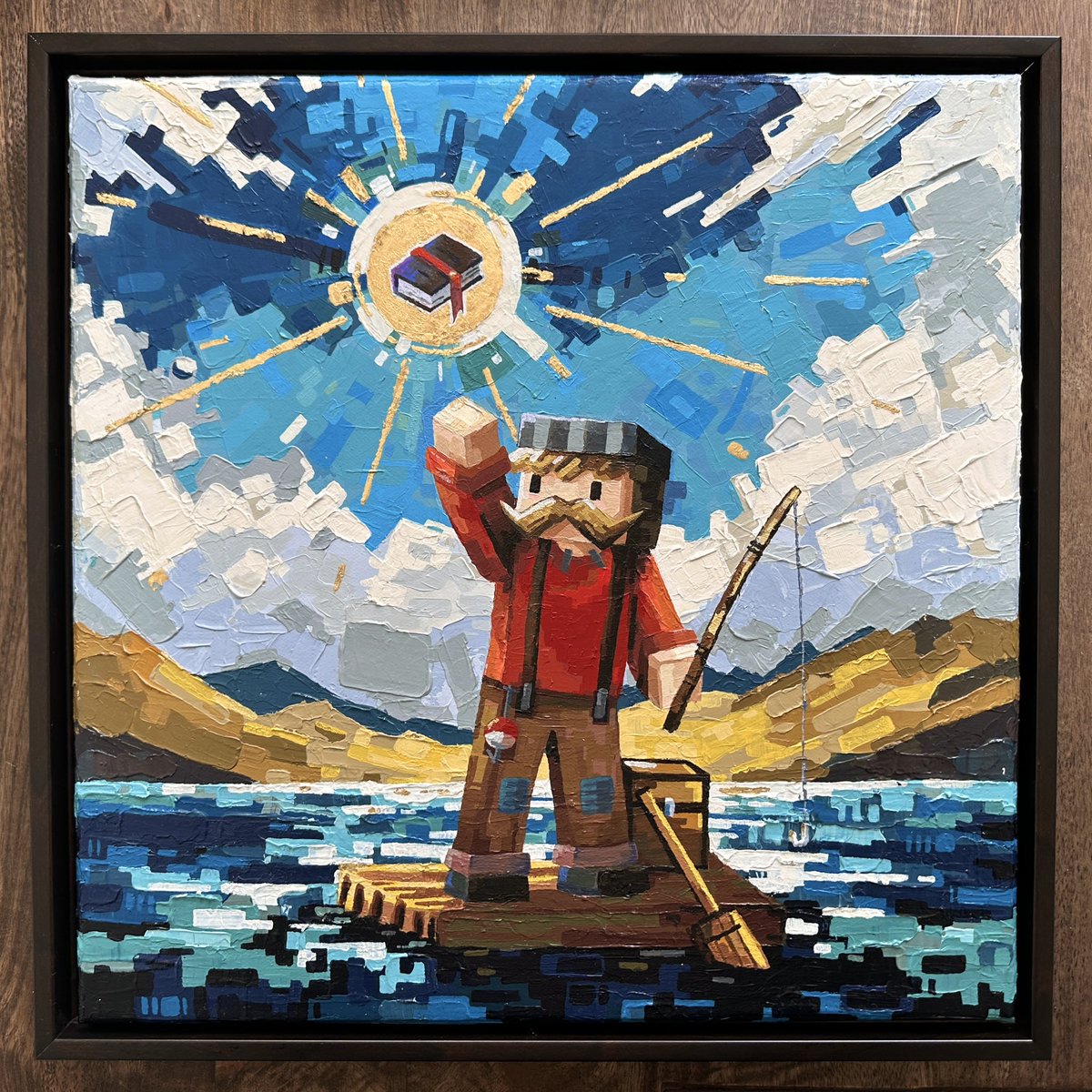 belmarzi's tweet image. oh what&apos;s this??? a 14x14 inch acrylic painting with hand-applied gold leaf by belmarzi? and-- oh my, this just in: it&apos;s up for auction for the hermitcraft charity livestream event???? 
#HermitCraft #hermittwt #HermitcraftFanart 
(original design by @_InkGhoul, u rock hoffen!)