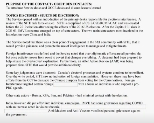 A CSIS document just tabled in the foreign interference inquiry indicates India “put effort into individual campaigns” in Canada. The partially redacted document suggests some unclear link to ideologically motivated violent extremists with anti-mask and anti-vaccine grievances.