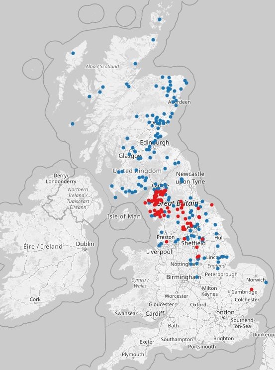 Always been a bit suspicious of the distribution of Sand Leek for a native plant; here it is compared to the distribution of places ending in 'thwaite' or with 'kirk' in the name, courtesy of the new British Placename Mapper (placenames.rtwilson.com) by @sciremotesense 1/2