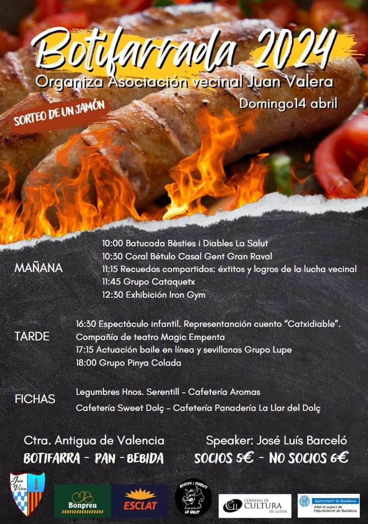 Festa organitzada per l'@avjuanvalera amb Butifarrada, Batucada Bèsties Diables La Salut <a href="/DiablesLaSalut/">Diables la Salut</a> Actuacions musicals, Coral, Balls,  activitats per a nanos,... Butifarrada
Diumenge 14 abril 2024
Ctra. Antigua Valiencia. Badalona.
De 10h a 18h.
instagram.com/p/C5VmK6YsDuU/…