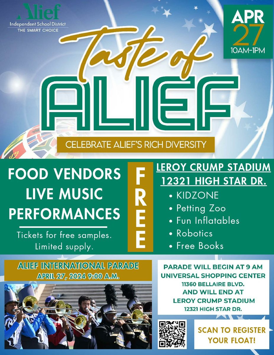 Experience Alief's vibrant diversity at Taste of Alief on April 27th! The parade starts at 9 am from Universal Shopping Center to Leroy Crump Stadium. Food, music, and fun await! #TasteOfAlief