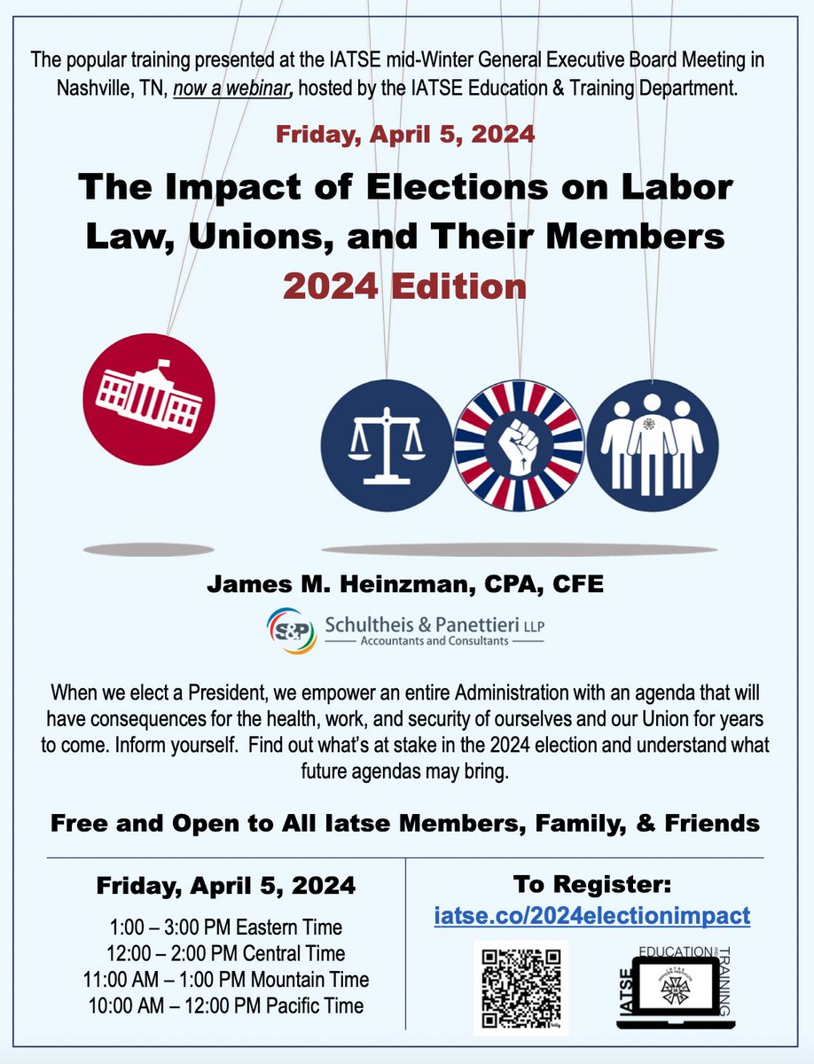 When we elect a President, we empower an entire administration that will have consequences for the health of our Union for years to come. IATSE kin are invited to join us tomorrow as we discuss what’s at stake in the 2024 election. Register here: register.gotowebinar.com/register/39297…