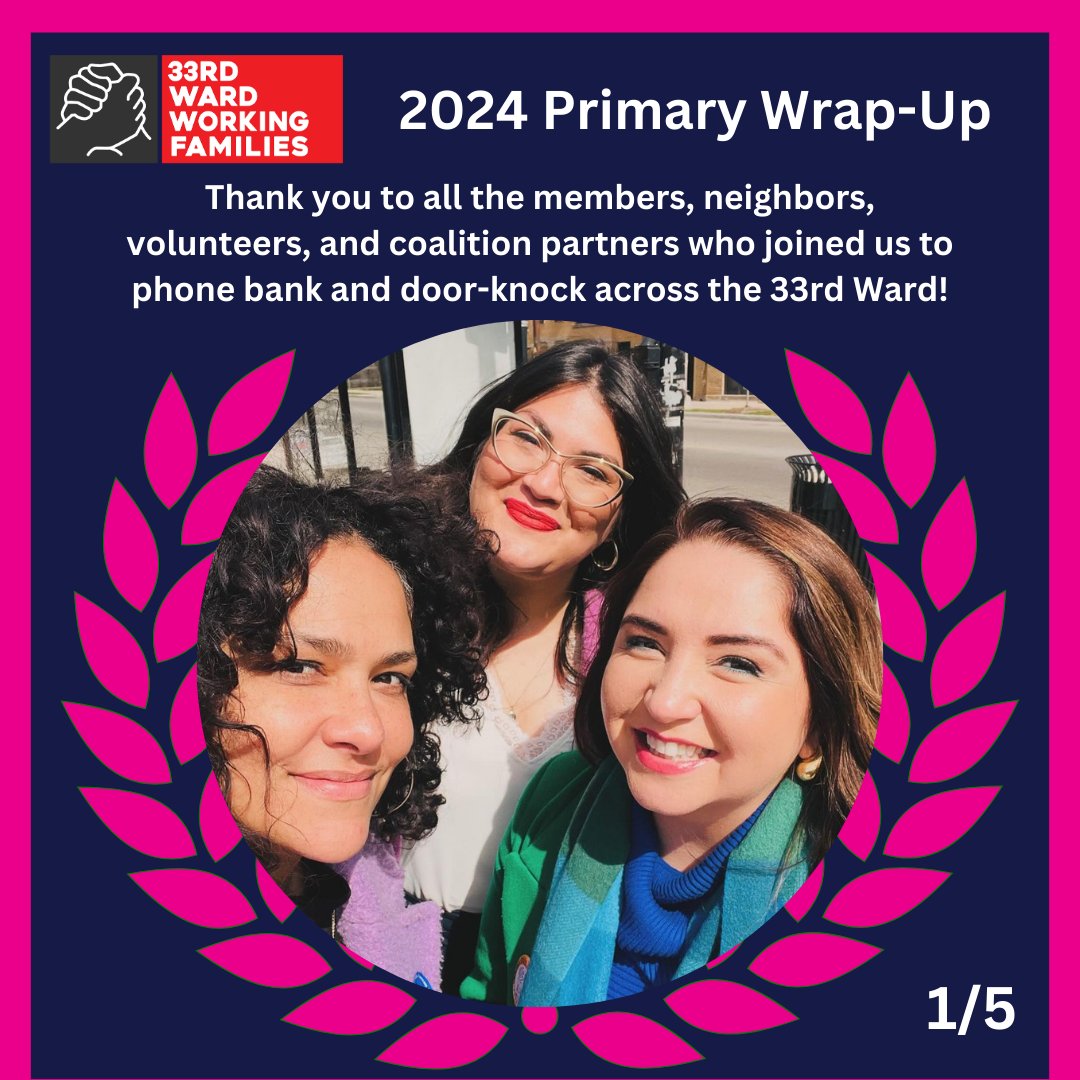 🧵1/3: Time for the 2024 Primary Wrap-up for the 33rd Ward! Thank you to every member, neighbor, volunteer, and coalition partner who joined us to phone bank and knock on doors for our slate. Without you, none of this would have been possible. ⬇️