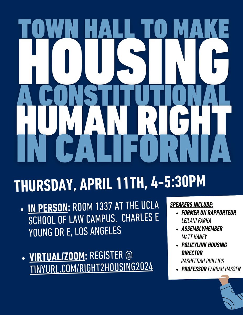 What does a 'right to housing' mean? Why does it matter? How do international human rights principles apply to housing justice in CA? What's up with ACA 10, the bill to enshrine the human right to housing in the state constitution? JOIN THIS TOWN HALL! ucla.zoom.us/meeting/regist…