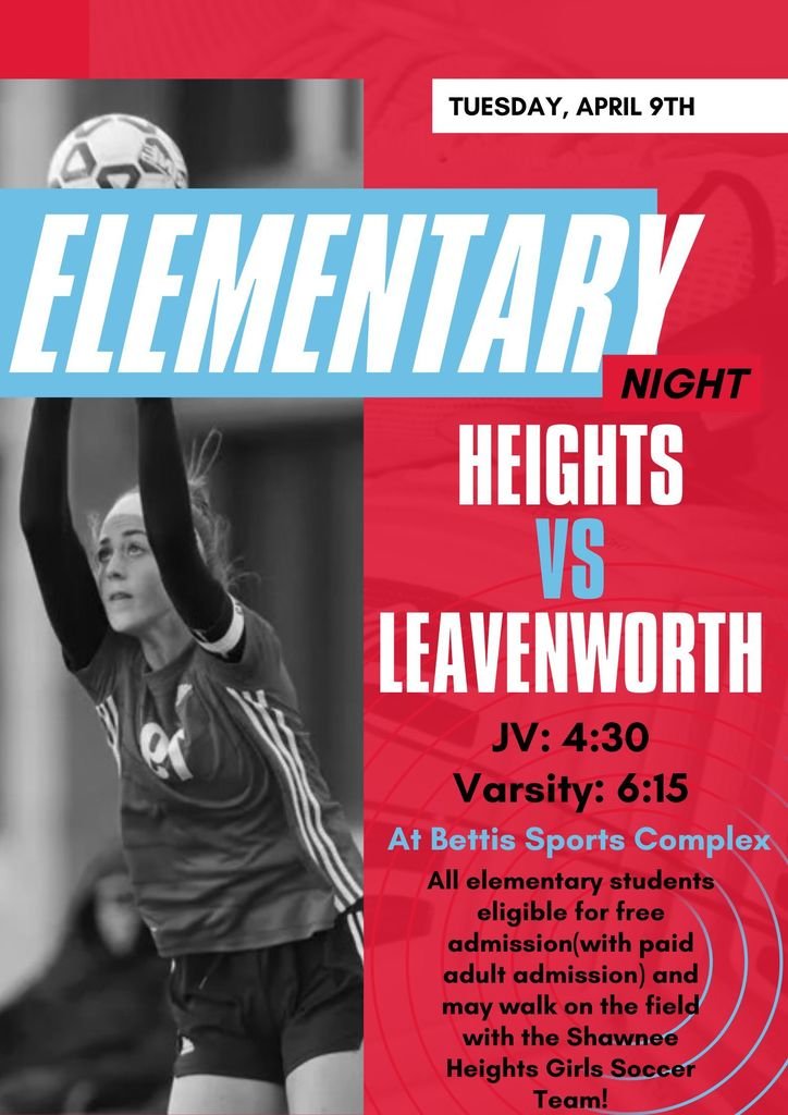 🎉 Join us for an unforgettable Elementary Night 🌟 with the Girls Soccer Team on Tuesday, April 9th, at Bettis! ⚽ SH Elementary students get FREE entry with a paying adult and can walk on the field with the team! Kick-off for JV is at 4:30 PM followed by Varsity at 6:15 PM ⚽