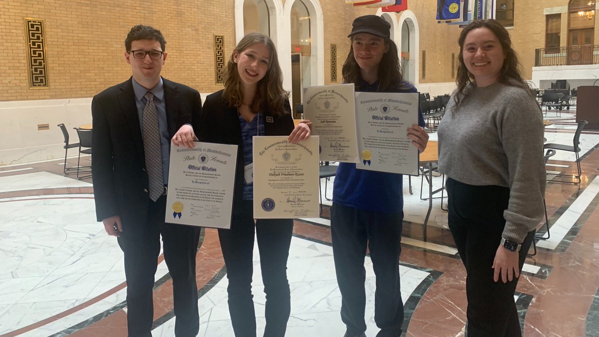 CHEERING 🌟 students chosen to serve on @MassGovernor 's Youth Advisory Council. Congrats Hailyah Friedman-Kassis, Jade Rousseau, + Christiana Dunn for being selected to represent the Hampshire, Franklin, Worcester District. H/t @kit__kate__hp for presenting Senate citations.