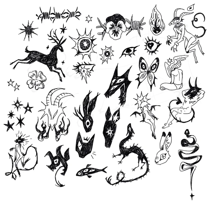 tat ideas, mixed bag of things I'd maybe want and also some flash ✨ it'll be a long while before I do anything but for now its fun to doodle and see where things go! Lots of eyes this time 👁️ 