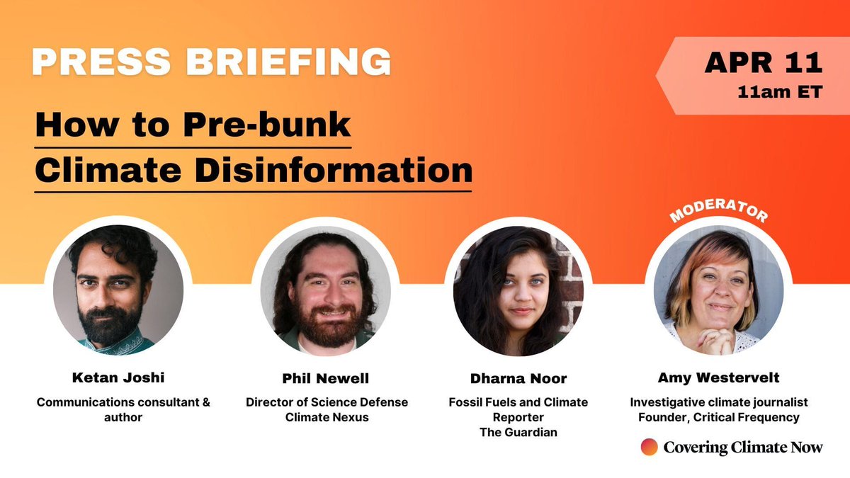 CCNow and @caadcoalition have got a great lineup for next Thursday's webinar on pre-bunking #disinfo: @amywestervelt moderates a panel featuring @KetanJ0, Phil Newell of Climate Nexus, and @dharnanoor of @GuardianUS. Join us April 11 at 11am ET! bit.ly/3U3PtWF