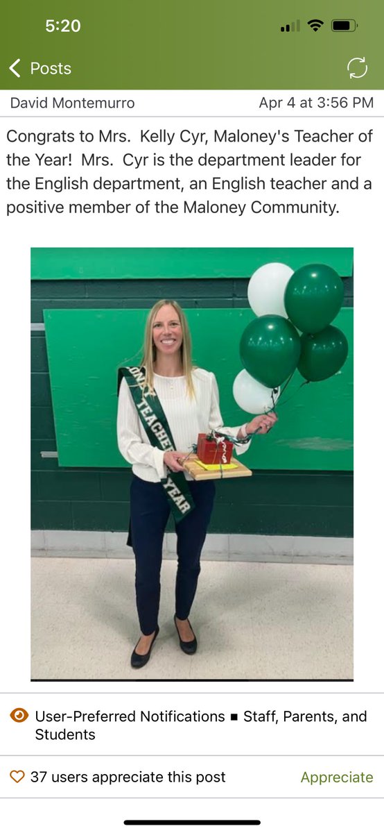Congratulations to Maloney’s Teacher of the Year, Kelly Cyr! <a href="/KCyrMHS/">Kelly Cyr</a>