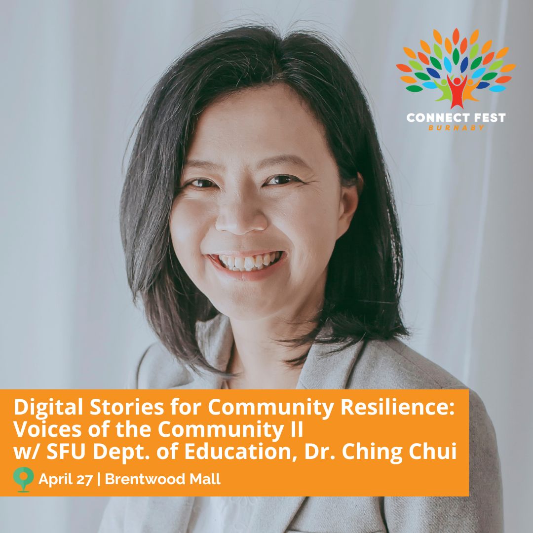 Digital Stories for Community Resilience: Voices of the Community II Hosted by Dr. Ching Chui Visit a mini-exhibition of digital stories about community resilience, filmed on mobile devices and learn how to create your own! connectfest.ca @cityofburnaby @sfucentral @SFU