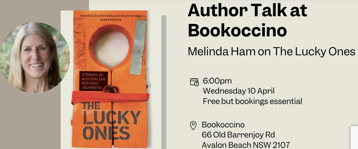 Compelling new book 'The Lucky Ones' by award winning journo, Melinda Ham, brings 6 refugee stories to life. Join her in conversation w. our Committee member, @mareenutt next Wednesday at @Bookoccino trybooking.com/events/landing…