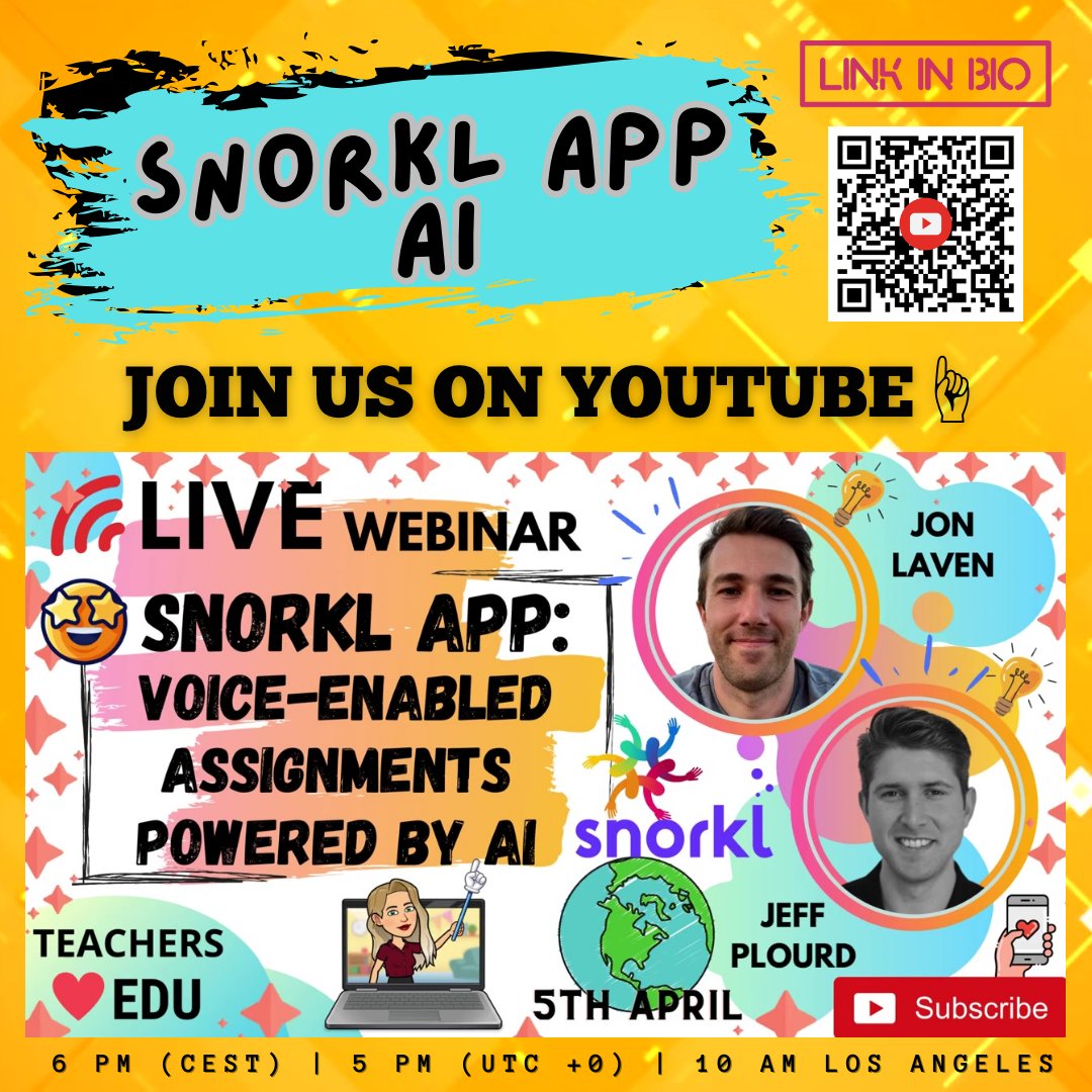 🔥Can't wait for this LIVE #PD:#SnorklApp: Voice-enabled Assignments Powered by #AI with 2💎co-founders of @SnorklApp, @jtlaven & @jeffplourd. 📅 When: April 5 📺Watch LIVE here: youtube.com/watch?v=roU6TU… ⚡Hit the🔔'Notify Me' on YouTube, subscribe & stay tuned! #teachersloveEDU