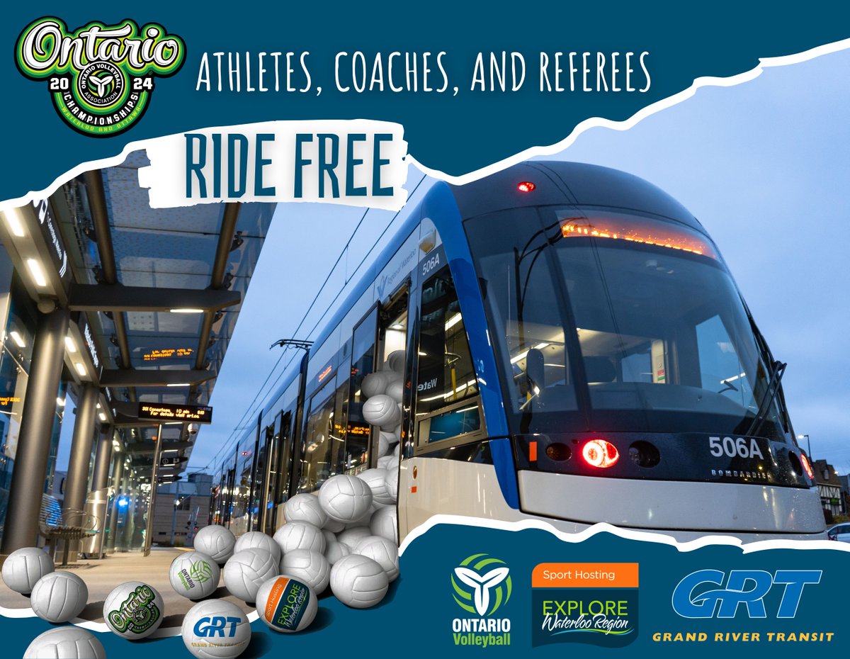 Hey @ova_updates competitors! 🏐 Enjoy free @GRT_ROW rides during the #OntarioVolleyballChampionships. Show your #OVA badge on buses or ION trains for easy travel. Focus on the game; we'll handle the ride! 🚌🚊 #OVAChamps #ExploreWR #volleyballlife #GRT