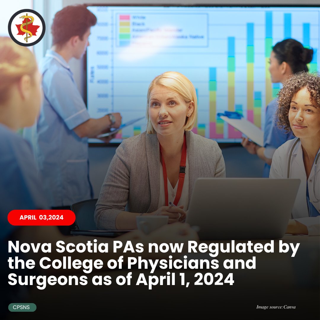 PAs in Nova Scotia! Starting April 1, 2024, the CPSNS will regulate and welcome PAs as registrants. To continue practice, PAs must hold a licence issued by the College. Licensing applications will be sent to NSH-employed PAs on March 8, 2024. Read More: bit.ly/3U3Yvmz