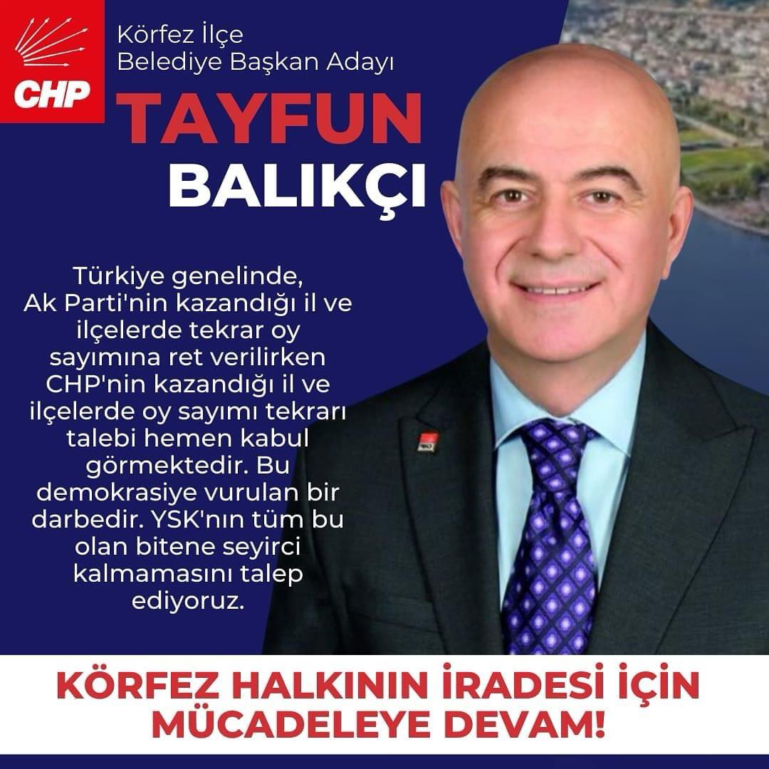 Körfez ilçemizde oy sayımı sırasında yaşanan elektrik kesintileri, tutanaklardaki uyumsuzluklar, bağımsız adayın oy sayısındaki değişkenlikler ve oy torbalarının usulsüz taşınması gibi nedenlerle talep ettiğimiz yeniden sayımın YSK tarafından kabul edilmesini bekliyoruz.