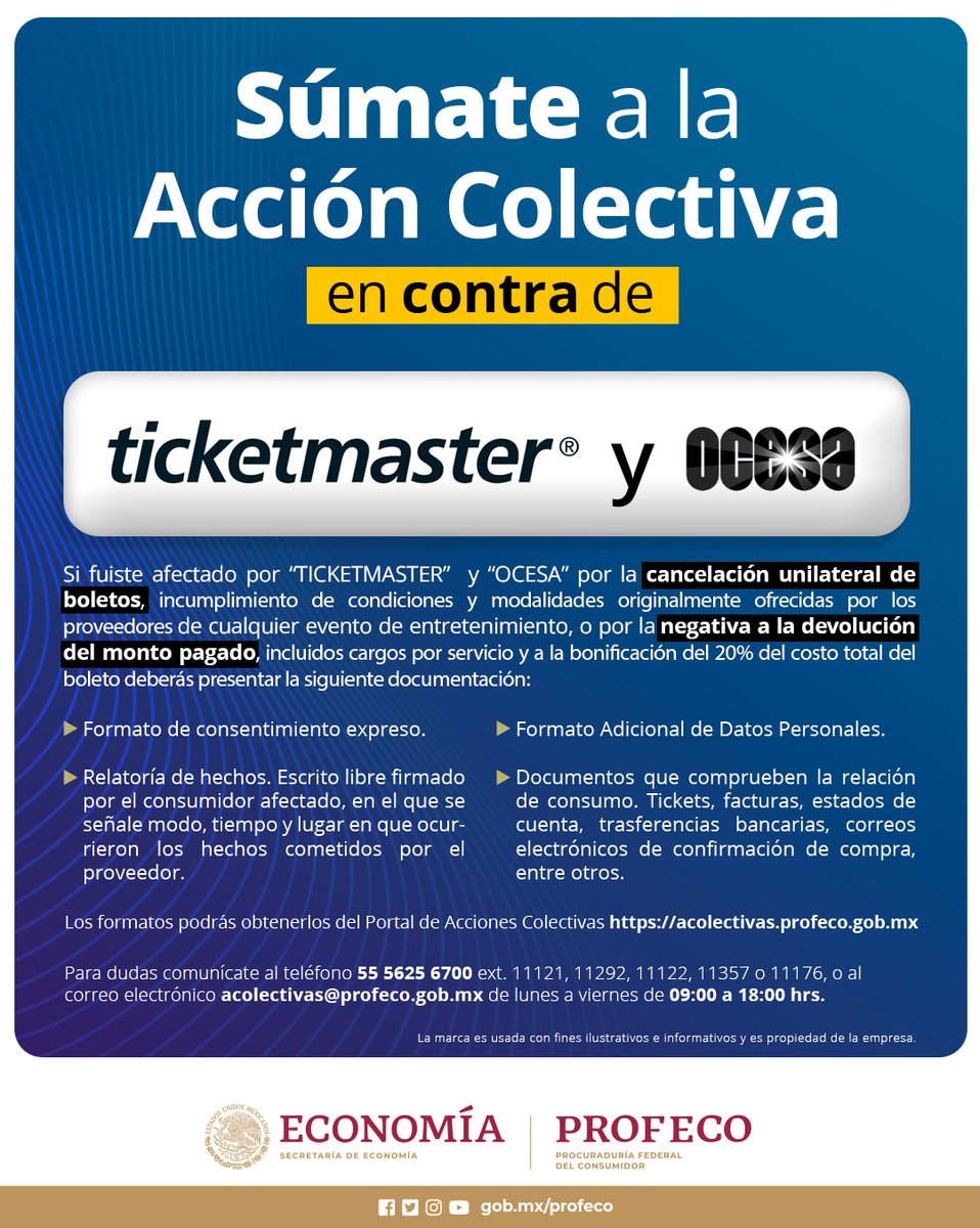 🎟️¿Has tenido problemas con #Ticketmaster y #Ocesa? ✅Recuerda que puedes sumarte a la #AcciónColectiva en su contra.👫 🔎Revisa los motivos de reclamación y únete. 👉 acolectivas.profeco.gob.mx