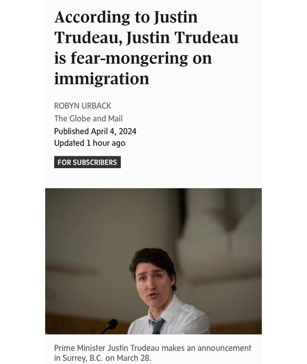 Justin Trudeau blames Justin Trudeau’s immigration policies for Justin Trudeau’s housing crisis. theglobeandmail.com/opinion/articl…