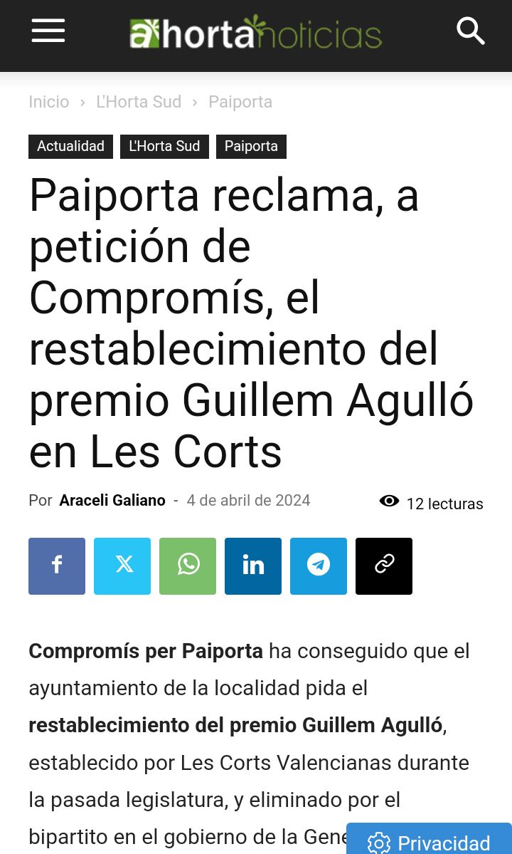 .<a href="/CompromisPaipor/">Compromís Paiporta</a> consigue que se apruebe en .<a href="/Ajunt_Paiporta/">Ajuntament Paiporta</a> la moción contra el #odio #neonazi con la abstención del Partido popular y el voto en contra de V😐x (con discurso autoritario incluido).

Noticia en .<a href="/Hortanoticias/">Hortanoticias</a>. 👇

hortanoticias.com/paiporta-recla…