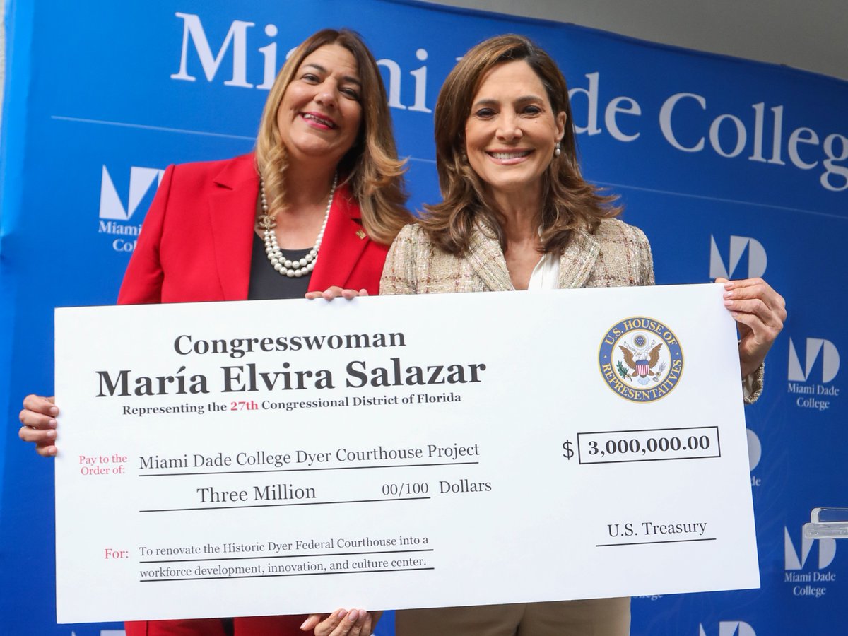 Grateful for the support from Rep. María Elvira Salazar, where Miami Dade College received a $3 million donation! This investment will transform our Historic Dyer Federal Courthouse into a hub for workforce development, innovation and culture. #BeMDC