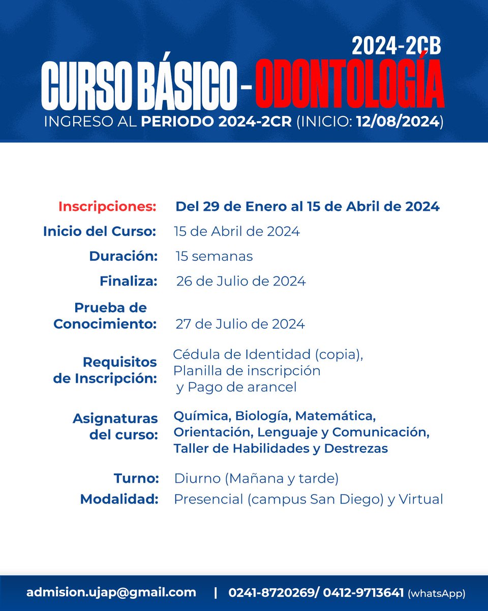 ¿Quieres estudiar Odontología?🦷

Inscríbete en el CURSO BÁSICO 2024-2CB.
Inicio: 15 de Abril de 2024

Para más información:
📧 admision.ujap@gmail 
📞 0241-8720269
WhatsApp: 0412-9713641

✨Únete a la Pasión del Saber✨