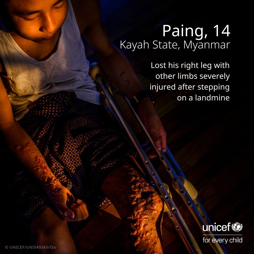Children in Myanmar are losing lives, limbs and loved ones to landmines used in conflict.

UNICEF is providing explosive weapons prevention and survivor assistance interventions across the country.

On #MineAwarenessDay and every day, children need peace.

#IMAD2024