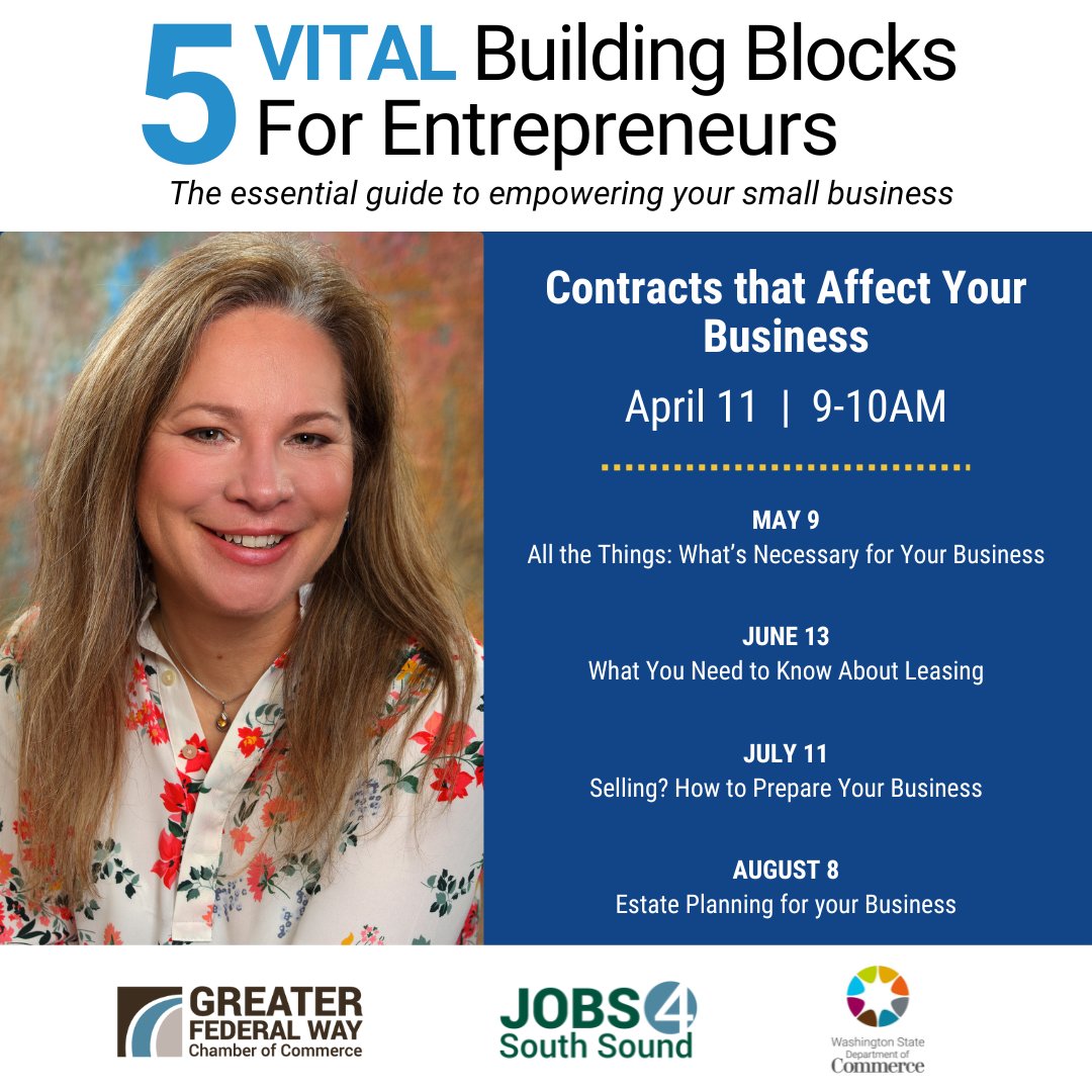Do you know what contracts your business needs? The first session of our 5 VITAL Building Blocks For Entrepreneurs series starts this Tuesday, April 11. 

Open to any business with registration.

To register visit federalwaychamber.com/calendar

#takethefederalway  #fedwaychamber